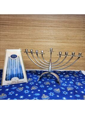 Hannukah Menorah Silver Plated Candles & Dreidel, Star of David Cloth  Hadany